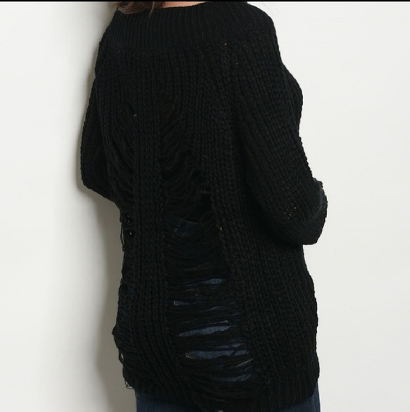(M)Distressed Back Knit Black Sweater - Picture 3 of 3